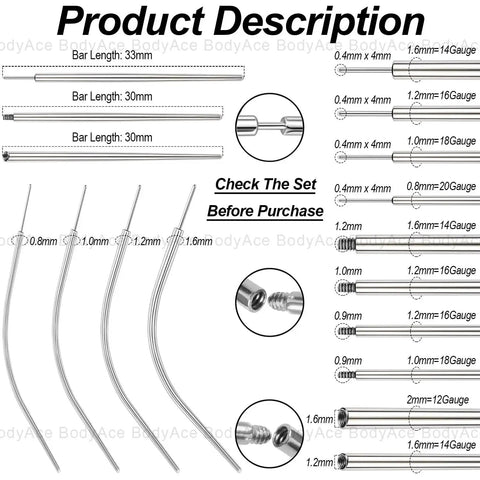 Diagram of Piercing Tapers Set 14G 16G 18G 20G Stainless Steel Threadless Insertion Pin Screws Curved Stretching Kit for Ear Nose Navel