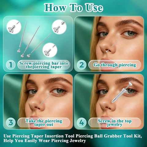 Diagram showing steps to use the Upgraded Anti Slip Piercing Grabber Tool for easy jewelry changes with a model.