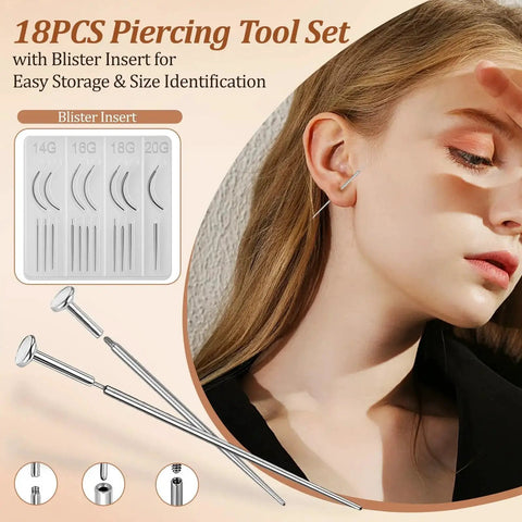 Side view of woman using All In One Piercing Insertion Tool Set 18 Pieces With 14G 16G 18G 20G Tapers in straight and curved styles
