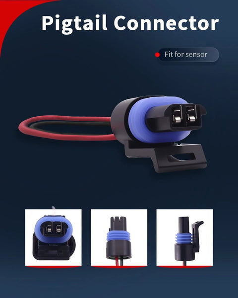 Engine coolant temperature sensor pigtail connector with blue seal and red wires, two-pin black housing
