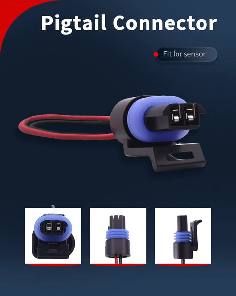 Engine coolant temperature sensor pigtail connector with blue silicone boot, 2-pin plug, red wires (Amazon)