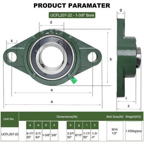 Diagram of 2 Pack 1-3/8 Bore Pillow Block Bearing With Flange Mount 2 Bolt Self Aligning Pillow Block Bearings On Solid Cast Iron Base