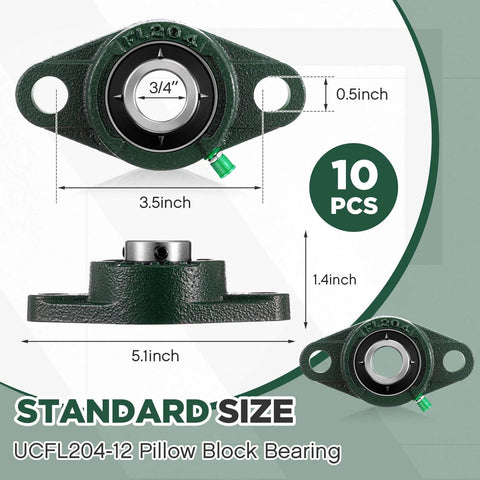 Diagram of 10 Pack UCFL204-12 Pillow Block Bearing 3/4 in Bore Shaft with measurements and cast iron flange mount.