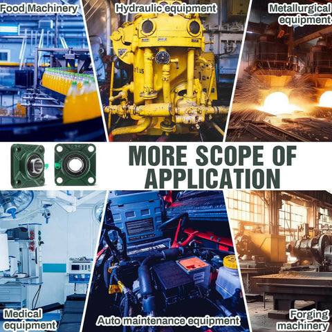 8 Pcs UCF205-16 Pillow Block Bearing with 1" Bore Flange Mounted Pillow Block Ball Bearing Self Alignment Cast Iron Housing Steel Unit for Industry, Green, with various machinery applications shown.