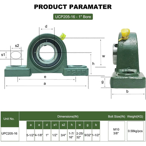 Diagram showing dimensions of 2 Pack UCP205-16 Pillow Block Mounted Ball Bearing - 1" Bore - Solid Cast Iron Base - Self Aligning
