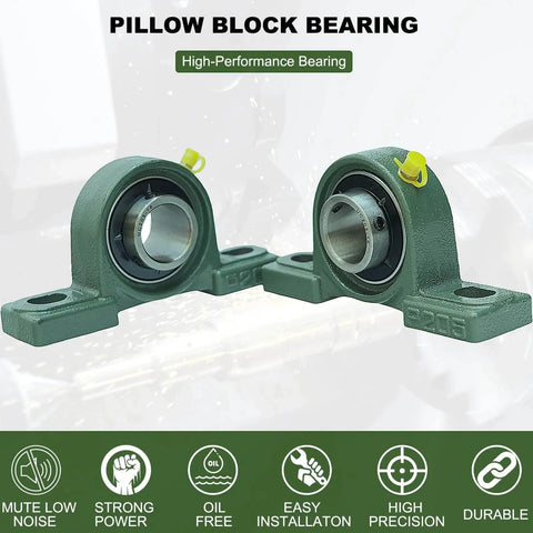 2 Pack UCP205-16 Pillow Block Mounted Ball Bearing - 1" Bore - Solid Cast Iron Base - Self Aligning shown with icons and features.