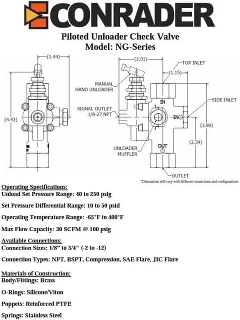 Technical diagram of a Conrader NG-Series Piloted Unloader Check Valve, with detailed measurements and specifications.