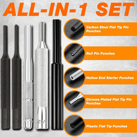 Pin Punch Set With Hammer And Roll Pin Tools in chrome vanadium steel, showcasing various punch types and materials for repairs.