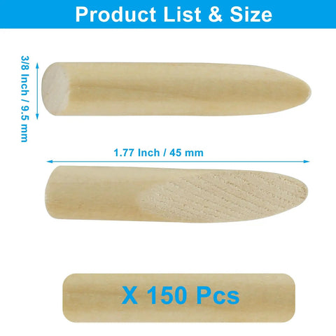 Solid Wood Pocket Hole Plugs Set for Three Eighths Inch Holes, Paint Grade Pine Dowels, 150 Pieces, size details