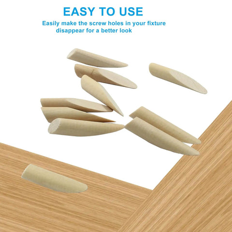 Solid Wood Pocket Hole Plugs Set for Three Eighths Inch Holes, Paint Grade Pine Dowels on wooden surface
