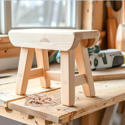 Wooden stool on workbench with 100 Pack Pine Wood Pocket Hole Plugs Three Eighths Inch For Pocket Hole Jig And Woodworking Projects nearby.