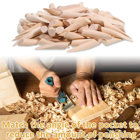Close-up of 100 Pack Pine Wood Pocket Hole Plugs Three Eighths Inch For Pocket Hole Jig And Woodworking Projects with a woodworking scene.