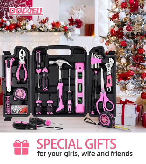 Pink 123 Piece Home Repair Tool Kit For Women And Girls With Ergonomic Handles And Non Slip Grips in open case