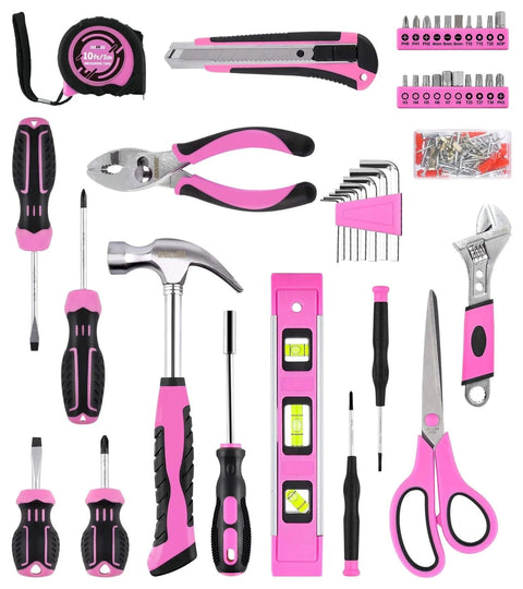 Pink 123 Piece Home Repair Tool Kit For Women And Girls With Ergonomic Handles And Non Slip Grips DIY Toolkit