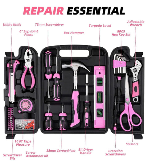 Open view of Pink 123 Piece Home Repair Tool Kit For Women And Girls With Ergonomic Handles And Non Slip Grips DIY Toolkit