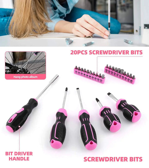 Pink 123 Piece Home Repair Tool Kit For Women And Girls With Ergonomic Handles And Non Slip Grips DIY Toolkit with screwdriver bits