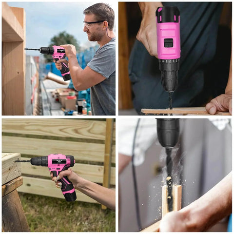 Collage of Pink 12V Cordless Drill Kit With 151-Piece Tool Set in use for various DIY tasks, showing ergonomic design and LED drill.