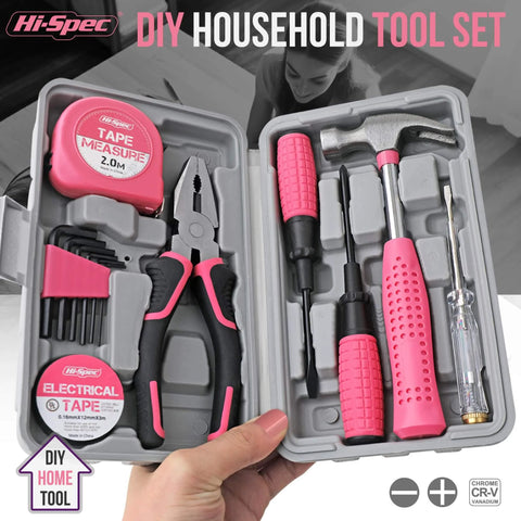Open pink 13-piece starter tool kit in a portable case for college dorm, home and office DIY, essential household repair tools for quick fixes.