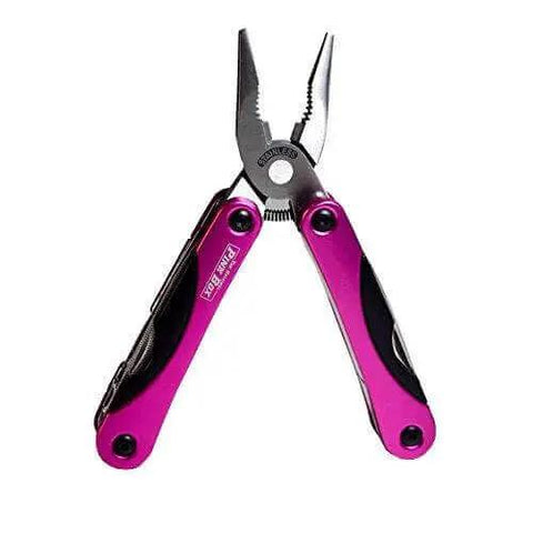 Pink 14-In-1 Aluminum Multi-Tool With Stainless Steel Tools for DIY, home, camping, and everyday carry; pliers visible.