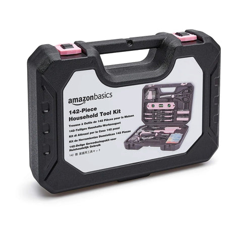 Pink 142-Piece Household Tool Kit With Storage Case for Home Repairs and DIY Projects in closed black case