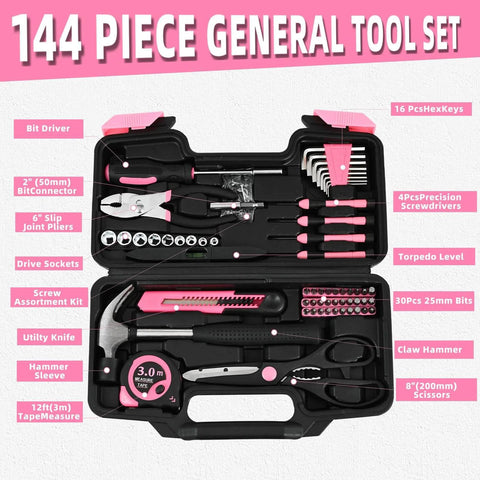 Pink 144 Piece Home Tool Kit Set With Plastic Toolbox showing hammers, screwdrivers, pliers, and other tools organized in a black case.