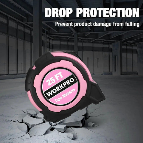 Front view of 25 ft WORKPRO tape measure with pink casing and rubber protection, highlighting drop protection and easy use.