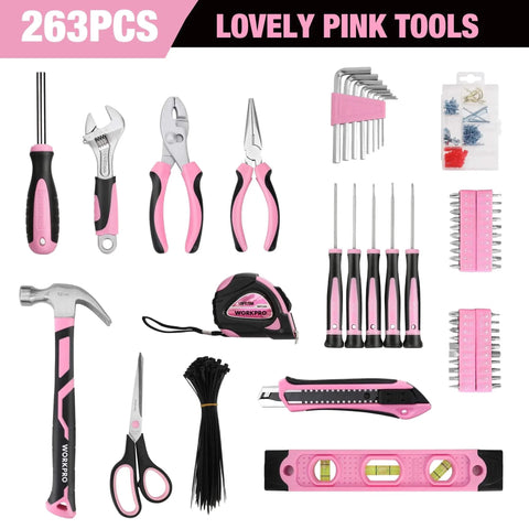 Pink 263-Piece Home Repair Tool Kit With Wide Mouth Storage Bag For DIY Projects And Breast Cancer Awareness Ribbon displayed