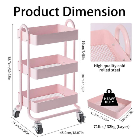 Pink 3 Tier Utility Rolling Cart On Wheels For Kitchen Office Home And Garden Elitehouse Metal Storage Cart With Locking Wheels Durable Mobile Organizer 13.4 By 18.1 By 31 Inches showcasing size and material details.