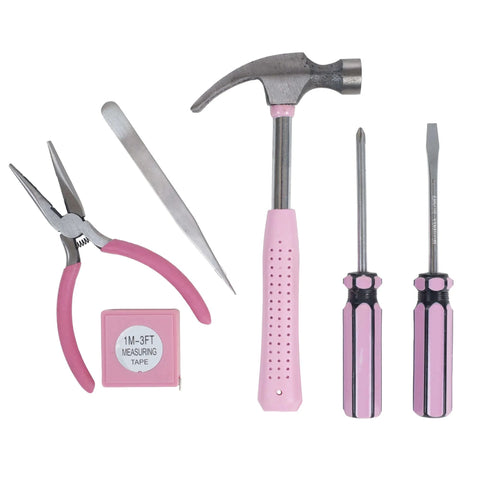Essential 7 Piece Home Tool Kit With Hammer Phillips Screwdrivers Long Nose Pliers Tweezers And Tape Measure shown on a white background