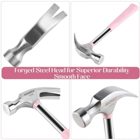 Lightweight 8oz hammer set with a small claw hammer and 25 mm rubber mallet in pink, high carbon steel heads, four views