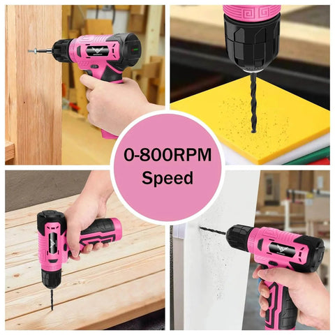 Collage showing Pink 8V Cordless Drill With LED Light And 127 Piece Home Tool Kit in use on wood and drywall, highlighting versatility.