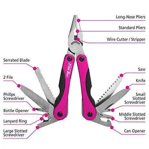 Pink 14-In-1 Aluminum Multi-Tool With Stainless Steel Tools for DIY, featuring pliers, knife, screwdrivers, and wire cutter.