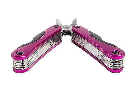 Pink 14-In-1 Aluminum Multi-Tool with Stainless Steel Tools for DIY, camping, and everyday carry, shown open with pliers
