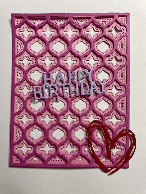 Pink birthday card with lattice pattern, red heart, and "Happy Birthday" text using 3D Floral Cutting Dies Set For Scrapbooking And Card Making With Layered Four Leaf Flower Designs 22.4x14.4 Cm Create Dope 3D Backgrounds Card Frames And Embossed Effects For DIY Crafts Ammsochy