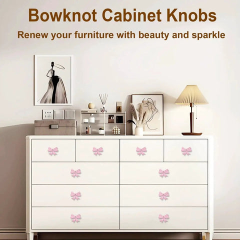 White dresser with Pink Bow Cabinet Knobs Set 12 Pieces Zinc Alloy Single Hole Drawer Knobs for nursery girls room vanity bedroom.