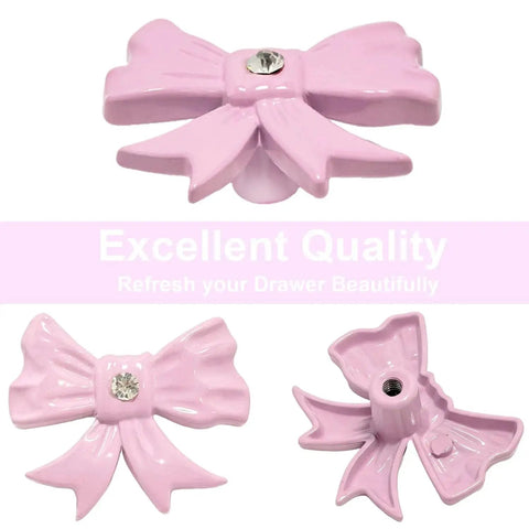 Pink Bow Cabinet Knobs Set 12 Pieces Zinc Alloy Single Hole Drawer Knobs, decorative pink bow shape with gem detail, front and back view.