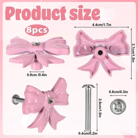 8 Pack Pink Metal Bow Drawer Pulls Set With Screws Zinc Alloy Decorative Handles for Dressers, size details with dimensions