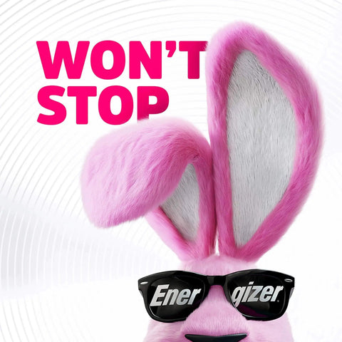Pink bunny with sunglasses and 'Won't Stop' text, promoting Alkaline AA And AAA Battery Combo Pack 48 Count For Everyday Devices.