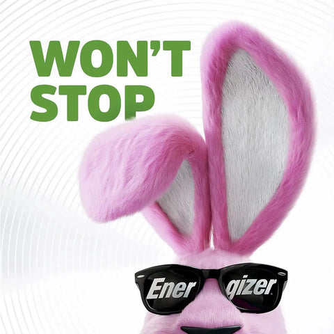 Close-up of pink rabbit with sunglasses under text 'WON'T STOP' on white background.