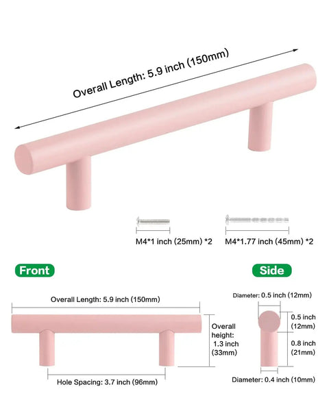 5 Pack Modern Pink T Bar Cabinet Handles for Dressers, Aluminum Alloy, 5.9" Length, Center to Center 3 3 Quarters Inch, Includes Screws