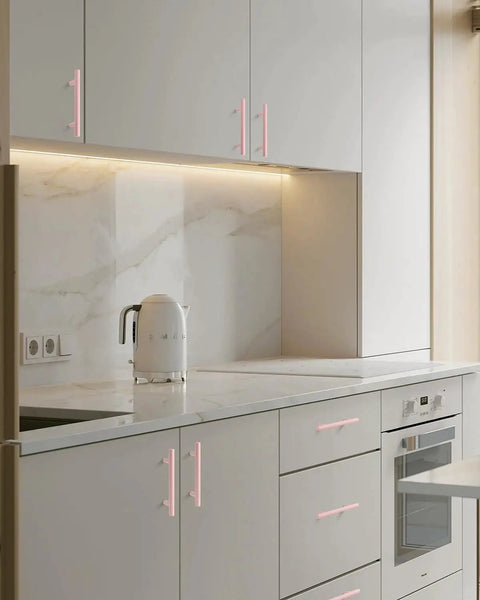 5 Pack Modern Pink T Bar Cabinet Handles For Dressers And Cabinets Center To Center 3 3 Quarters Inch, 5.9 Inch Length, installed on kitchen cabinets
