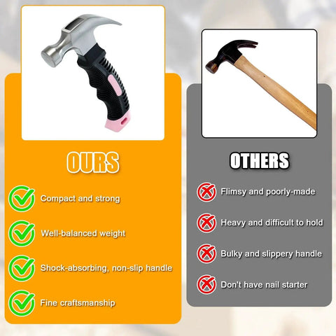 Comparison chart showing pink 8 oz claw hammer for picture hanging and drywall anchors with shock absorbing non slip handle versus generic hammer.