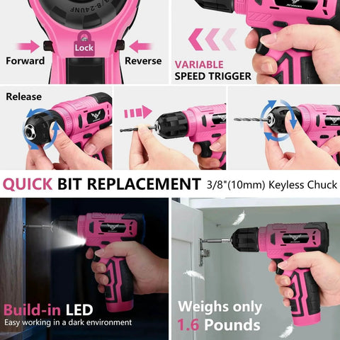 Pink 8V Cordless Drill With LED Light And 127 Piece Home Tool Kit for DIYers and Homeowners demonstrating key features.