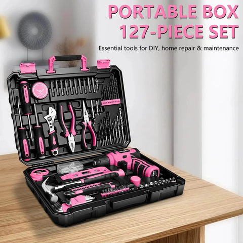 Pink 8V Cordless Drill With LED Light And 127 Piece Home Tool Kit For DIYers And Homeowners in open black case.