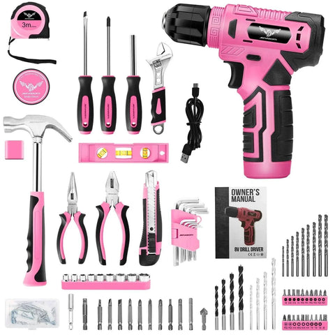 Pink 8V Cordless Drill With LED Light And 127 Piece Home Tool Kit For DIYers And Homeowners including pliers, hammer, and bits