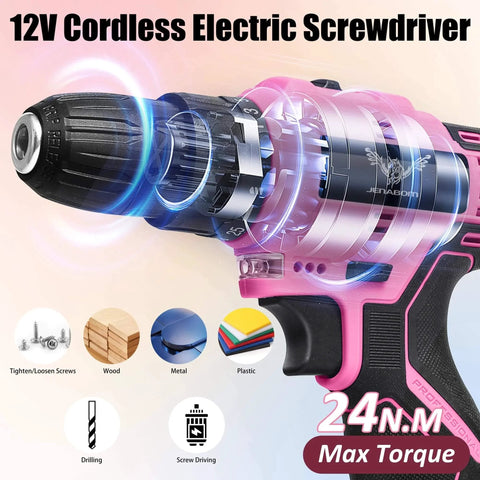 Pink 12V Cordless Drill Kit With 151-Piece Tool Set showing LED drill with torque levels, suitable for various materials.