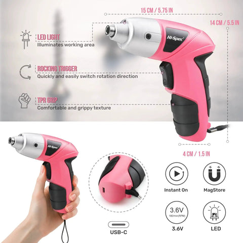Compact Cordless Electric Screwdriver Set 3.6V Mini Drill With 26 Driver Bits Pink USB Rechargeable Li Ion Battery 1300 mAh