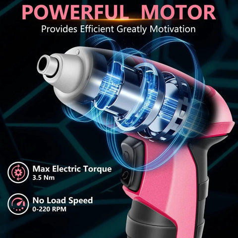 Close-up of pink cordless screwdriver kit 3.6V rechargeable with powerful motor, showcasing ergonomic design and torque specs.