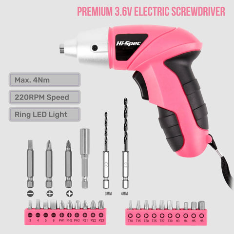 Pink Compact Cordless Electric Screwdriver Set 3.6V Mini Drill With 26 Driver Bits USB Rechargeable Li Ion Battery 1300 mAh