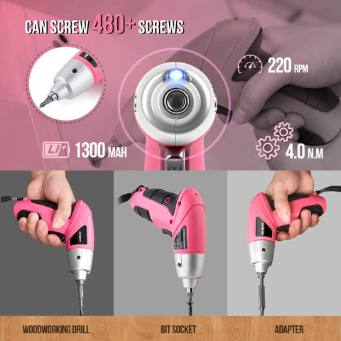 Compact Cordless Electric Screwdriver Set 3.6V Mini Drill With 26 Driver Bits Pink USB Rechargeable Li Ion Battery 1300 mAh